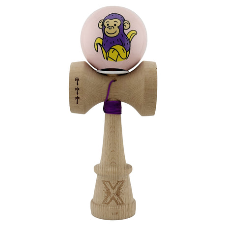 Kendama X Originala, Profesionala, Vivimall, Violet Monkey, Super Sticky cu Cupe Mari King Size V3, Rulment Metalic si Gaura in Baza, din Lemn 18 cm, Ata 55 cm, Roz - vivimall.ro