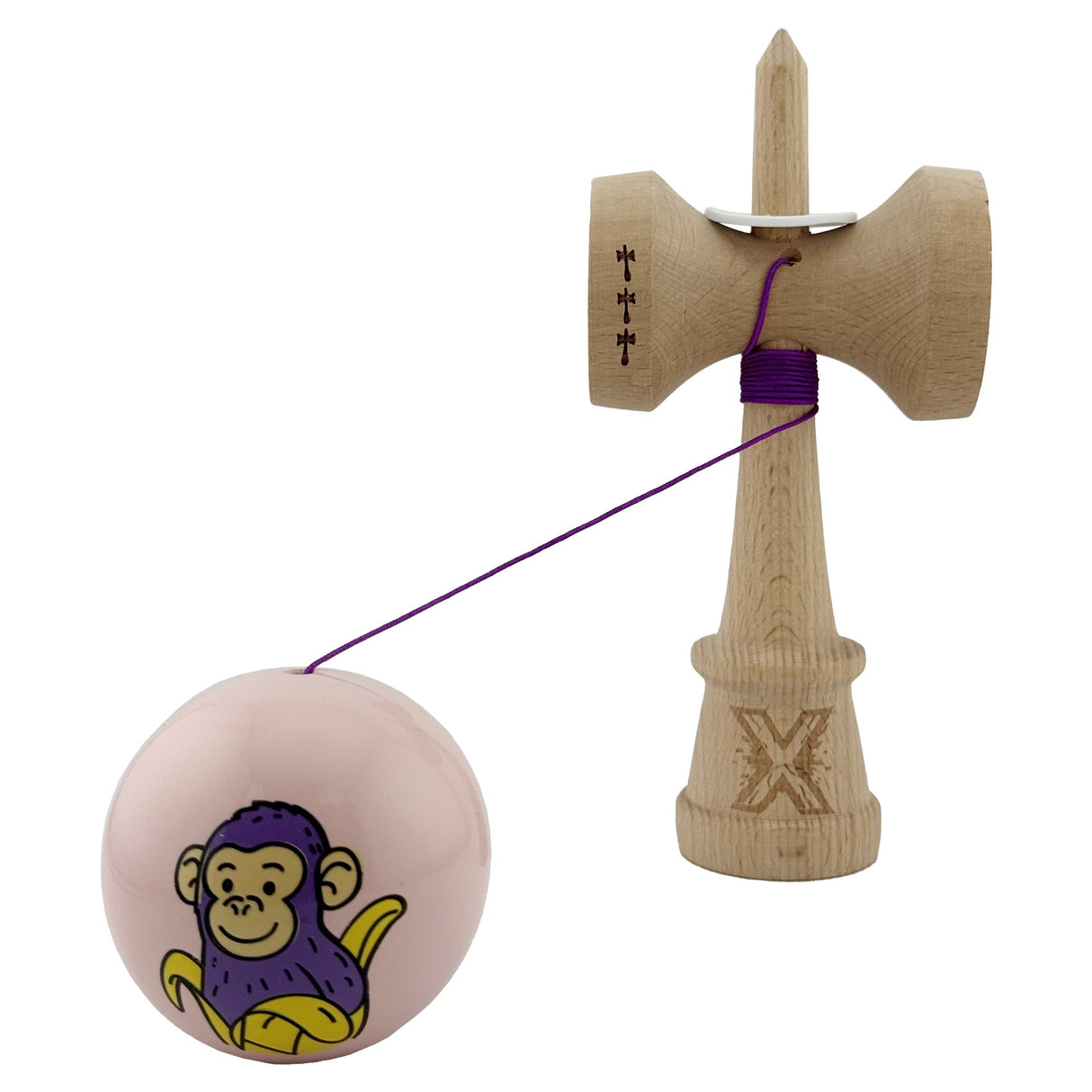 Kendama X Originala, Profesionala, Vivimall, Violet Monkey, Super Sticky cu Cupe Mari King Size V3, Rulment Metalic si Gaura in Baza, din Lemn 18 cm, Ata 55 cm, Roz - vivimall.ro