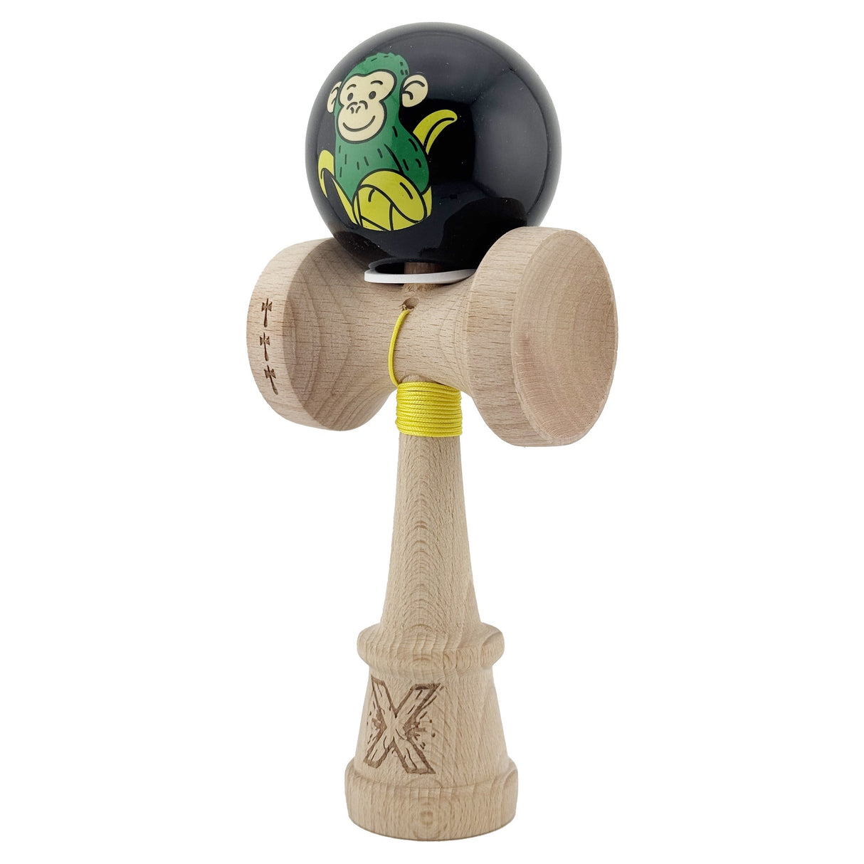 Kendama X Originala, Profesionala, Vivimall, Green Monkey, Super Sticky cu Cupe Mari King Size V3, Rulment Metalic si Gaura in Baza, din Lemn 18 cm, Ata 55 cm, Negru - vivimall.ro