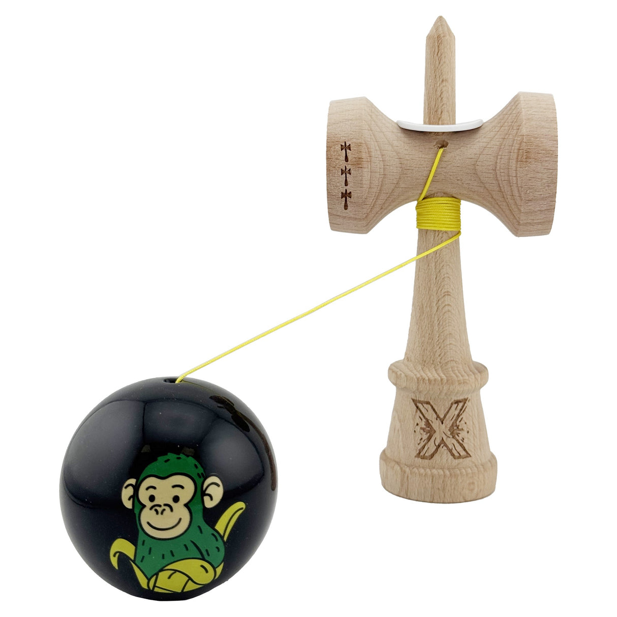 Kendama X Originala, Profesionala, Vivimall, Green Monkey, Super Sticky cu Cupe Mari King Size V3, Rulment Metalic si Gaura in Baza, din Lemn 18 cm, Ata 55 cm, Negru - vivimall.ro