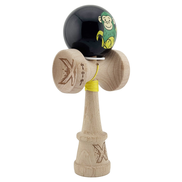 Kendama X Originala, Profesionala, Vivimall, Green Monkey, Super Sticky cu Cupe Mari King Size V3, Rulment Metalic si Gaura in Baza, din Lemn 18 cm, Ata 55 cm, Negru - vivimall.ro