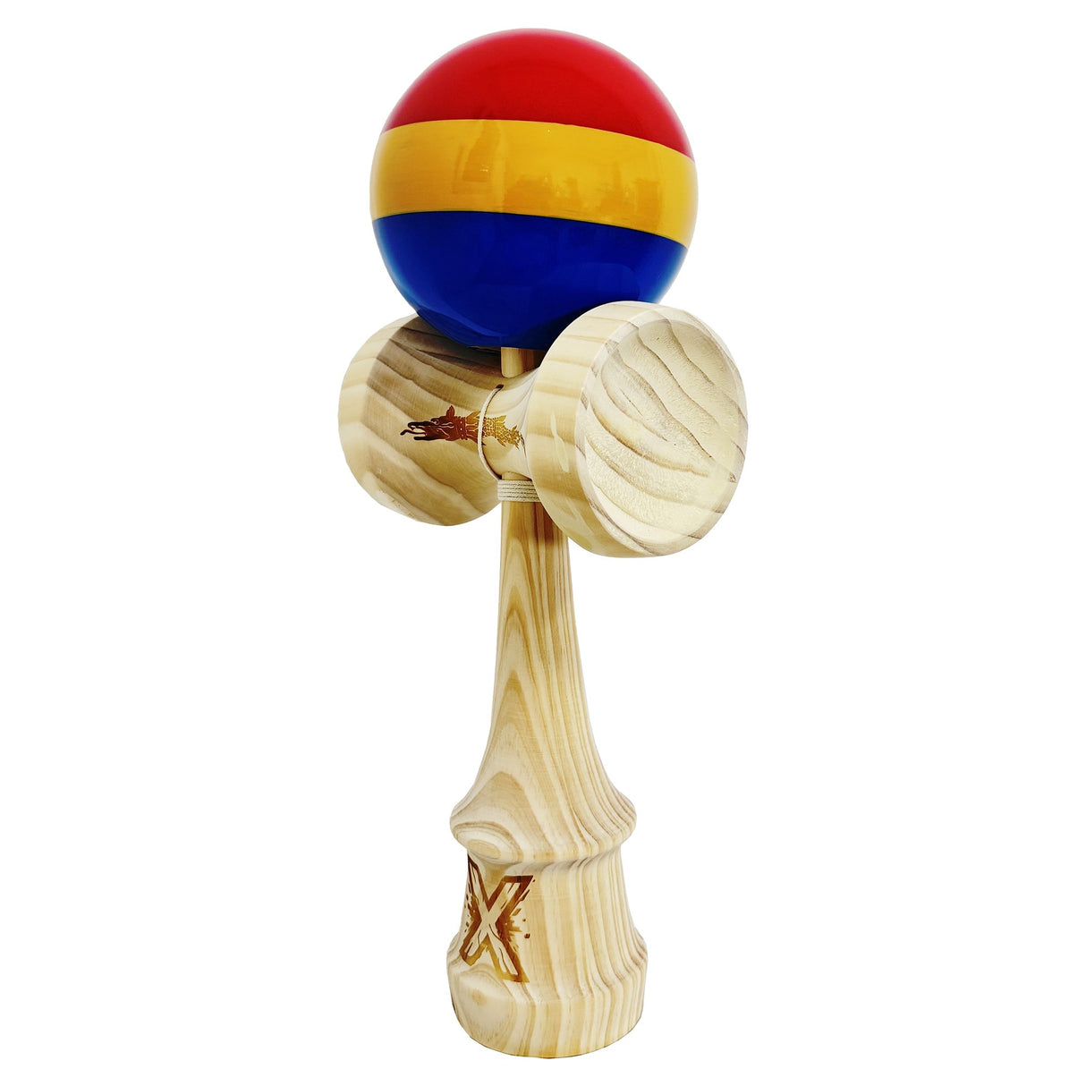 Kendama X Originala, Profesionala, Vivimall, Inaltime 52 cm, SUPER BIG cu Cupe KING SIZE, Bila Super Sticky, Diametrul 17 cm, din Lemn, Multicolor - vivimall.ro