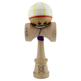 Kendama X Originala, Profesionala, Vivimall, Legendary Glob, Cupe Mari KING SIZE V3, Super Sticky, Gaura in Baza, Rulment Metalic, din lemn 18 cm, Ata 55 cm, Alb/Galben/Rosu - vivimall.ro