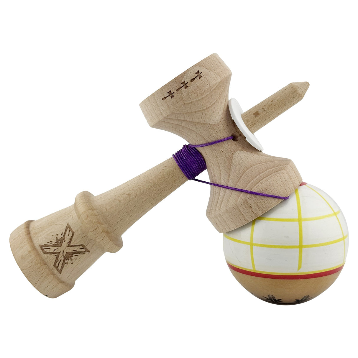 Kendama X Originala, Profesionala, Vivimall, Legendary Glob, Cupe Mari KING SIZE V3, Super Sticky, Gaura in Baza, Rulment Metalic, din lemn 18 cm, Ata 55 cm, Alb/Galben/Rosu - vivimall.ro