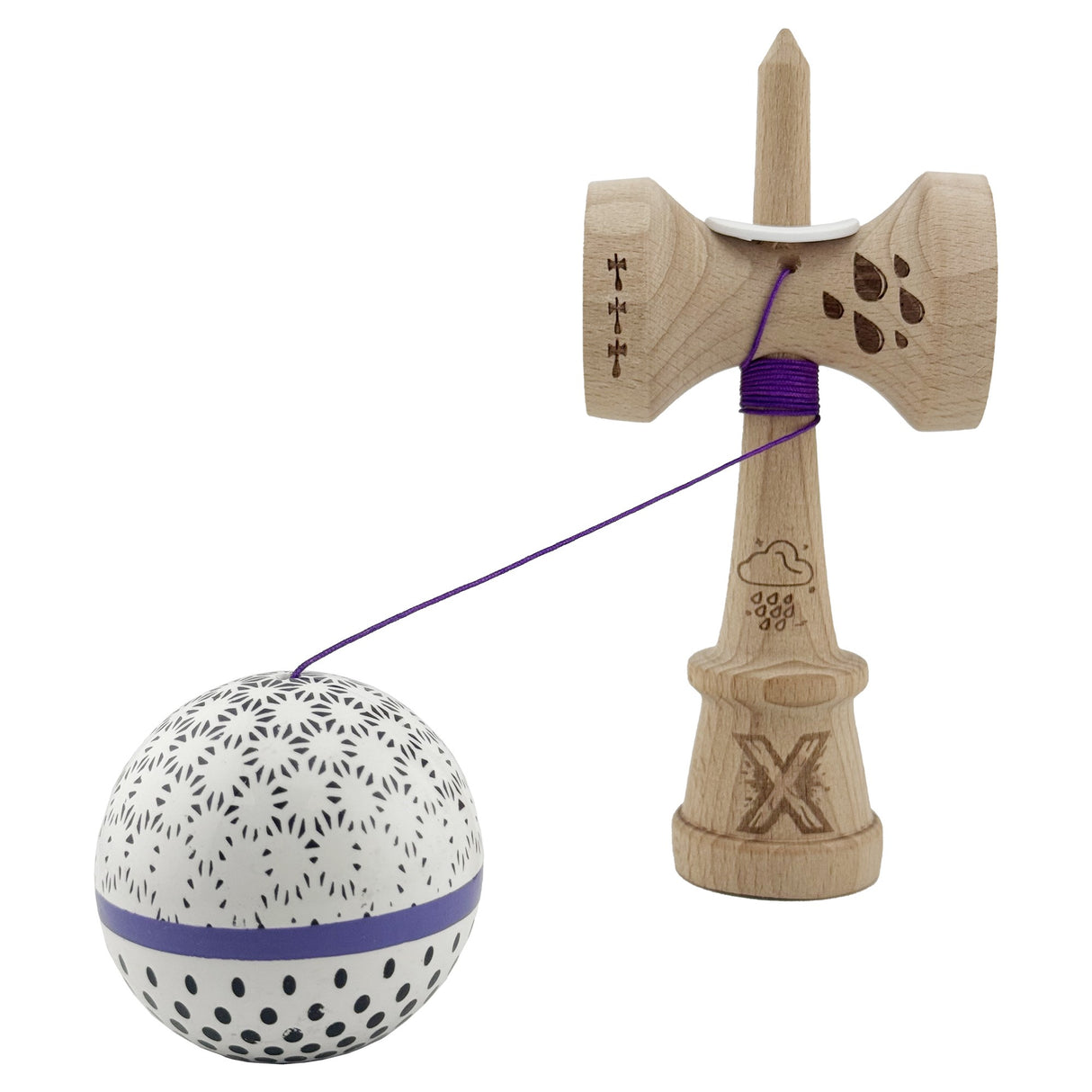 Kendama X Originala, Profesionala, Vivimall, RAINDROPS, Super Sticky cu Cupe Mari KING SIZE V3, Gaura in Baza, Rulment Metalic, din lemn 18 cm, Ata 62/65 cm, Alb/Albastru - vivimall.ro
