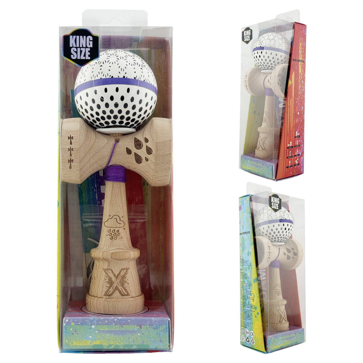 Kendama X Originala, Profesionala, Vivimall, RAINDROPS, Super Sticky cu Cupe Mari KING SIZE V3, Gaura in Baza, Rulment Metalic, din lemn 18 cm, Ata 62/65 cm, Alb/Albastru - vivimall.ro