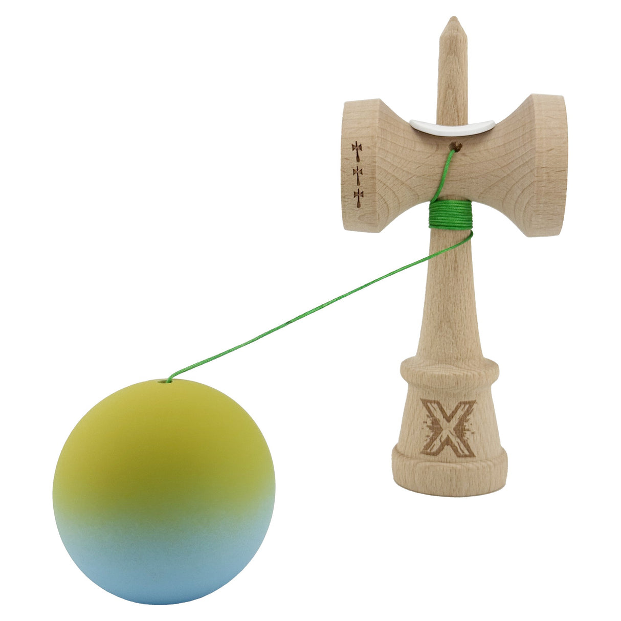 Kendama X Originala, Profesionala, Vivimall, Big Cups V3, Rubber Grip model galben/albastru - vivimall.ro
