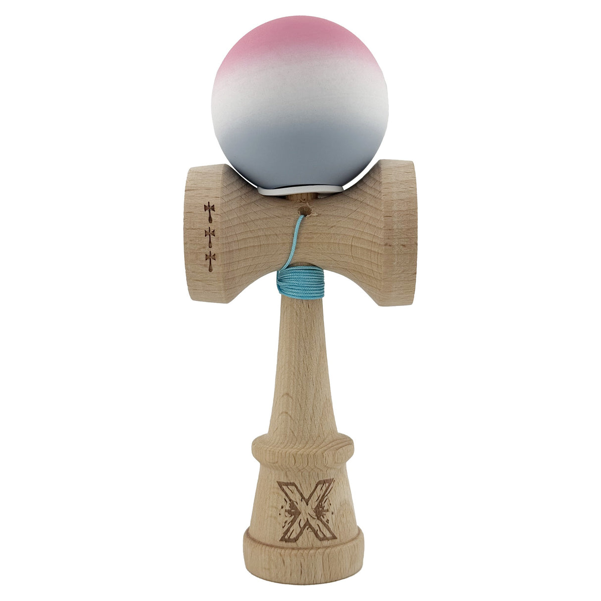 Kendama X Originala, Profesionala, Vivimall, Rubber Grip, Cupe Mari KING SIZE V3, Gaura in Baza, Rulment Metalic, din lemn 18 cm, Ata 55 cm, Gradient Roz/Alb/Gri - vivimall.ro