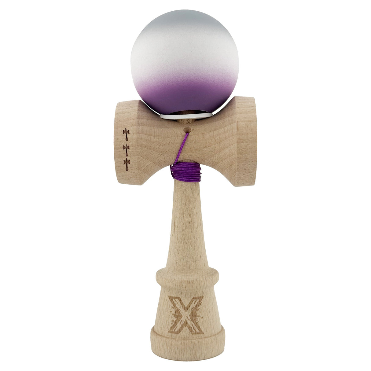 Kendama X Originala, Profesionala, Vivimall, Rubber Grip, Cupe Mari KING SIZE V3, Gaura in Baza, Rulment Metalic, din lemn 18 cm, Ata 62/65 cm, Gradient Gri/Alb/Mov - vivimall.ro