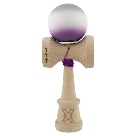 Kendama X Originala, Profesionala, Flippy, Rubber Grip, Cupe Mari KING SIZE V3, Gaura in Baza, Rulment Metalic, din lemn 18 cm, Ata 62/65 cm, Gradient Gri/Alb/Mov - vivimall.ro