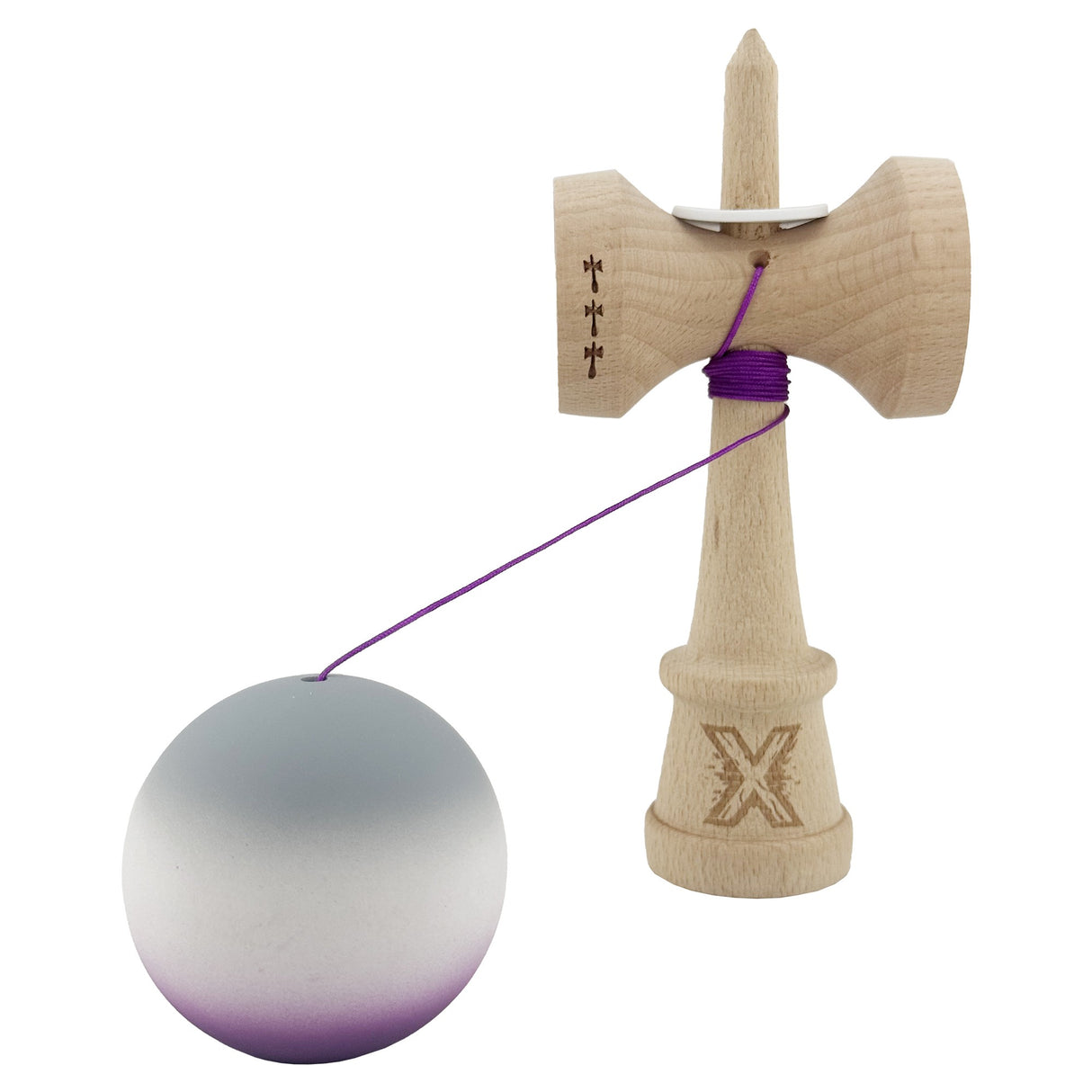 Kendama X Originala, Profesionala, Vivimall, Rubber Grip, Cupe Mari KING SIZE V3, Gaura in Baza, Rulment Metalic, din lemn 18 cm, Ata 62/65 cm, Gradient Gri/Alb/Mov - vivimall.ro