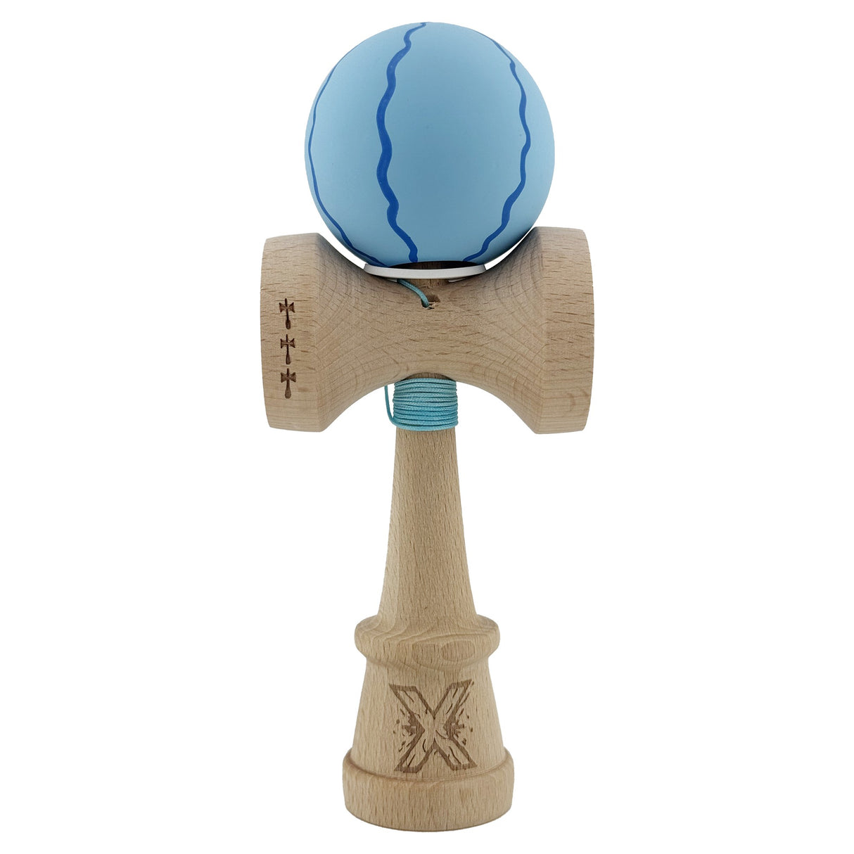 Kendama X Originala, Profesionala, Vivimall, Rubber Grip, Cupe Mari KING SIZE V3, Gaura in Baza, Rulment Metalic, din lemn 18 cm, Ata 55 cm, Special Albastru deschis - vivimall.ro