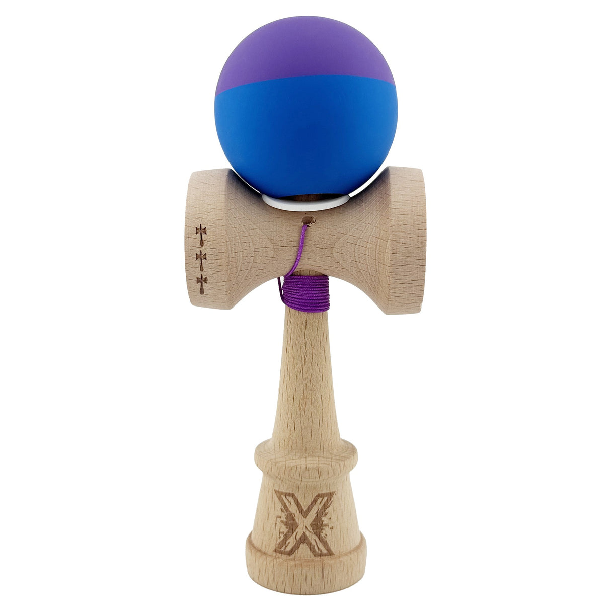 Kendama X Originala, Profesionala, Vivimall, Rubber Grip, Cupe Mari KING SIZE V3, Gaura in Baza, Rulment Metalic, din lemn 18 cm, Ata 55 cm, Bicolor Mov/Albastru - vivimall.ro
