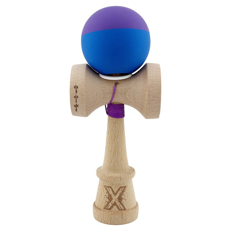 Kendama X Originala, Profesionala, Vivimall, Rubber Grip, Cupe Mari KING SIZE V3, Gaura in Baza, Rulment Metalic, din lemn 18 cm, Ata 55 cm, Bicolor Mov/Albastru - vivimall.ro