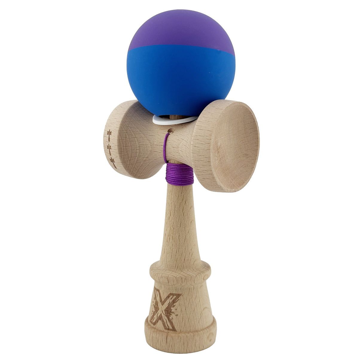 Kendama X Originala, Profesionala, Vivimall, Rubber Grip, Cupe Mari KING SIZE V3, Gaura in Baza, Rulment Metalic, din lemn 18 cm, Ata 55 cm, Bicolor Mov/Albastru - vivimall.ro