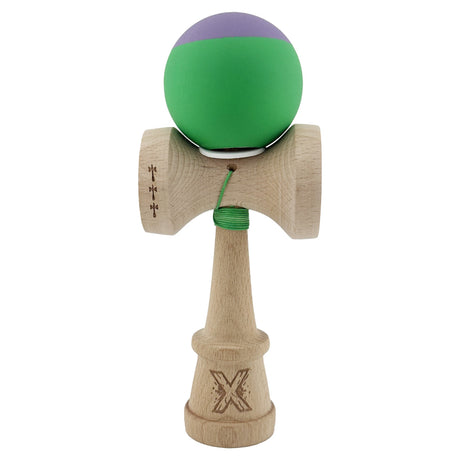 Kendama X Originala, Profesionala, Vivimall, Rubber Grip, Cupe Mari KING SIZE V3, Gaura in Baza, Rulment Metalic, din lemn 18 cm, Ata 55 cm, Bicolor Mov/Verde - vivimall.ro