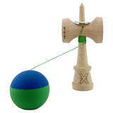Kendama X Originala, Profesionala, Vivimall, Rubber Grip, Cupe Mari KING SIZE V3, Gaura in Baza, Rulment Metalic, din lemn 18 cm, Ata 55 cm, Bicolor Albastru/Verde - vivimall.ro
