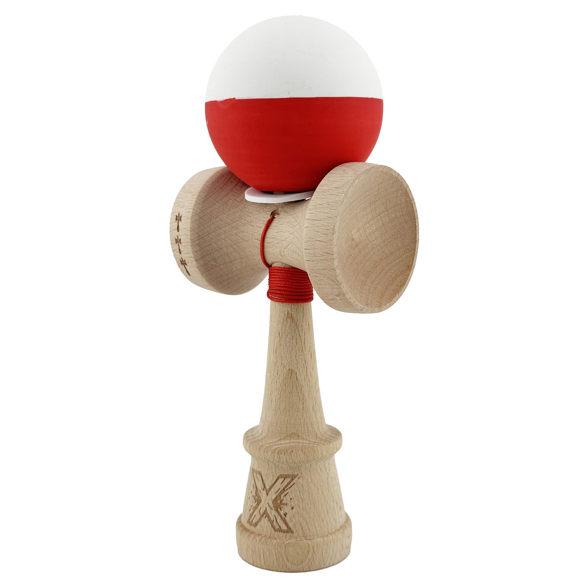 Kendama X Originala, Profesionala, Vivimall, Rubber Grip, Cupe Mari KING SIZE V3, Gaura in Baza, Rulment Metalic, din lemn 18 cm, Ata 55 cm, Bicolor Alb/Rosu - vivimall.ro