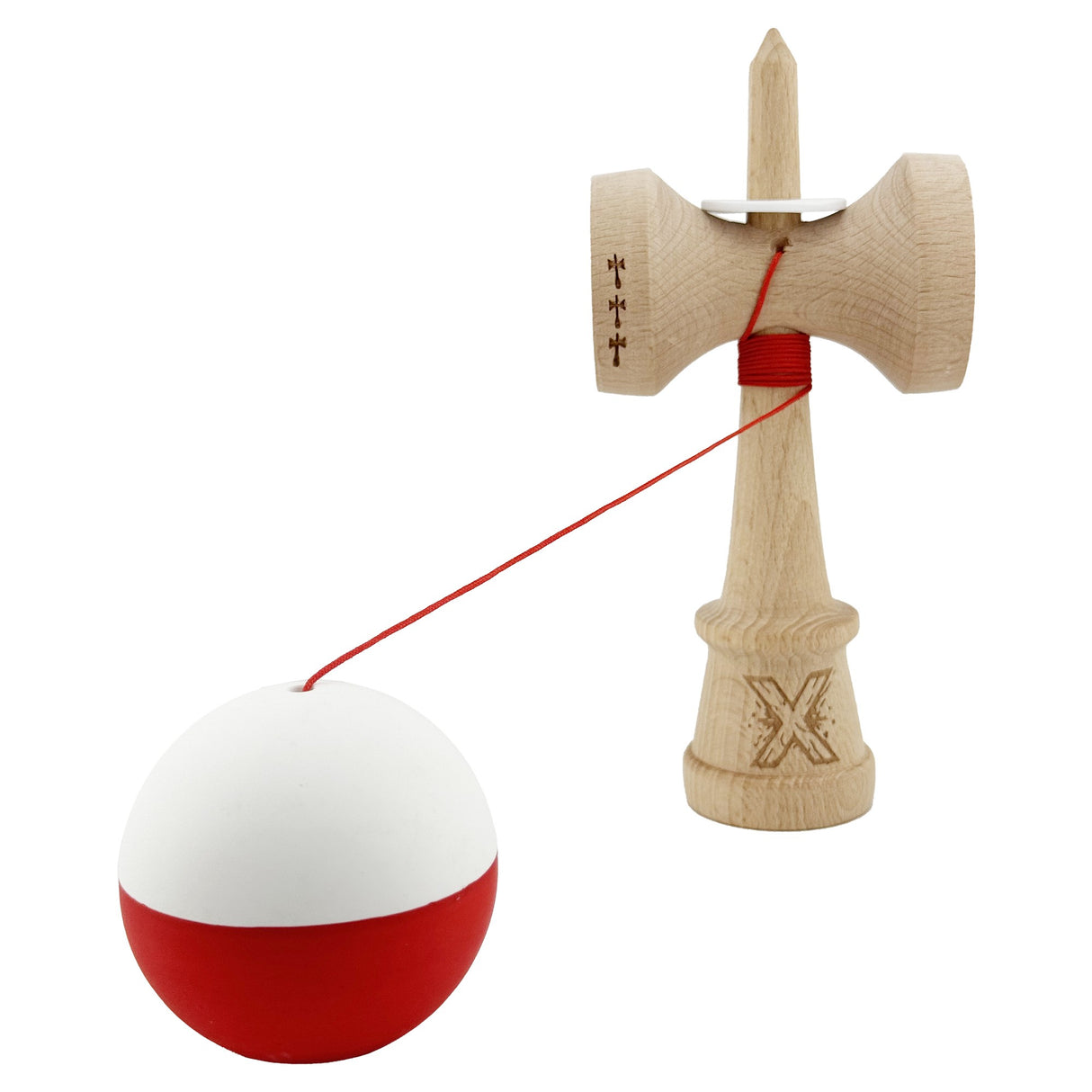 Kendama X Originala, Profesionala, Vivimall, Rubber Grip, Cupe Mari KING SIZE V3, Gaura in Baza, Rulment Metalic, din lemn 18 cm, Ata 55 cm, Bicolor Alb/Rosu - vivimall.ro
