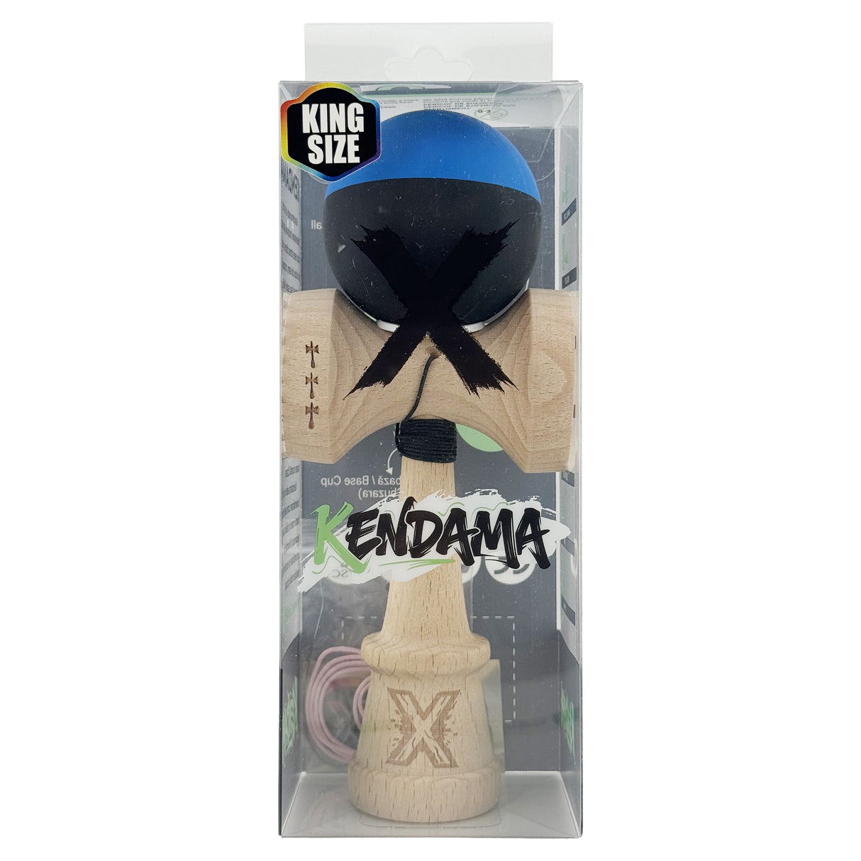 Kendama X Originala, Profesionala, Vivimall, Rubber Grip, Cupe Mari KING SIZE V3, Gaura in Baza, Rulment Metalic, din lemn 18 cm, Ata 55 cm, Bicolor Albastru/Negru - vivimall.ro