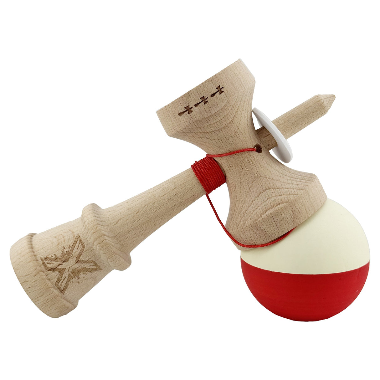Kendama X Originala, Profesionala, Vivimall, Rubber Grip, Cupe Mari KING SIZE V3, Gaura in Baza, Rulment Metalic, din lemn 18 cm, Ata 55 cm, Bicolor Galben/Rosu - vivimall.ro
