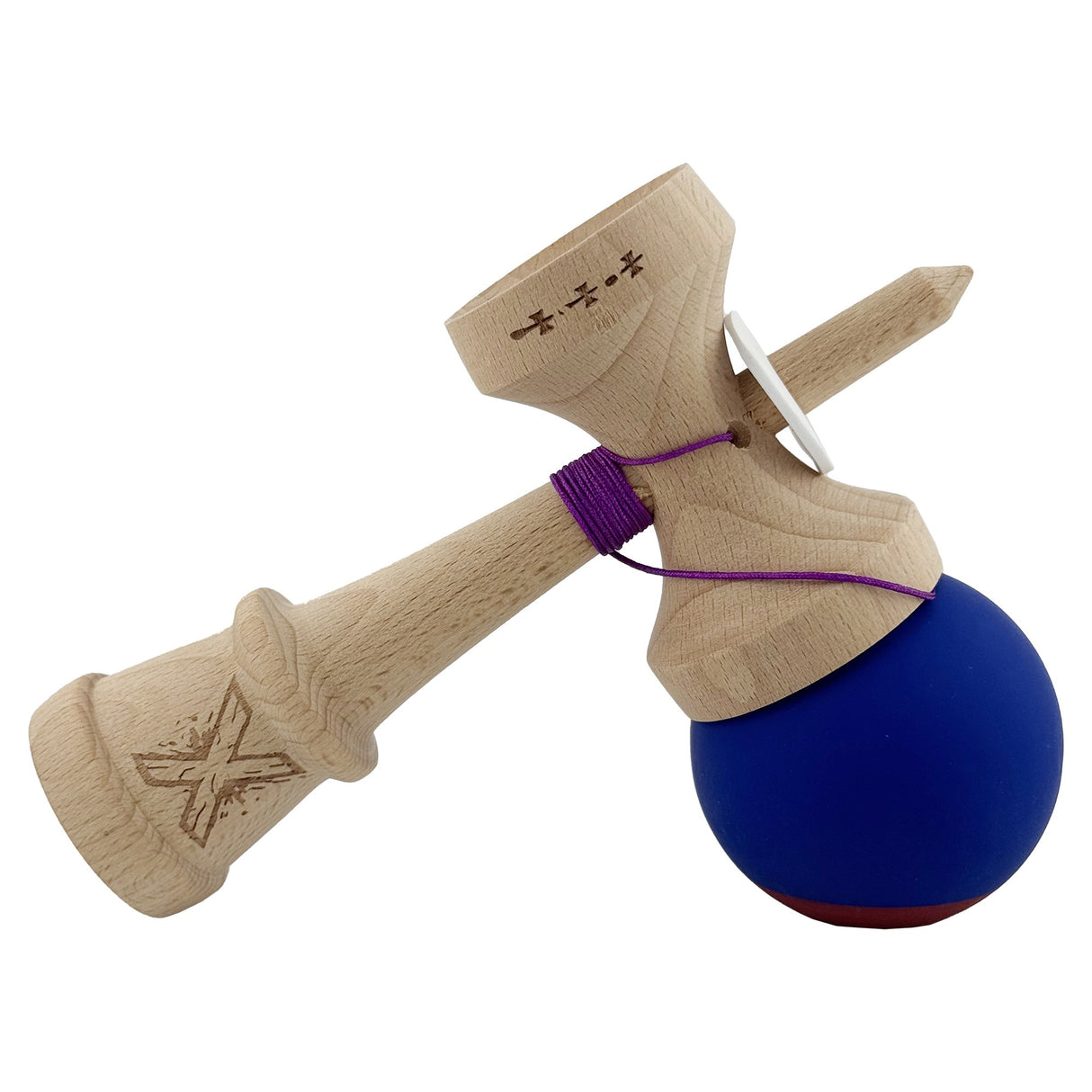Kendama X Originala, Profesionala, Vivimall, Rubber Grip, Cupe Mari KING SIZE V3, Gaura in Baza, Rulment Metalic, din lemn 18 cm, Ata 55 cm, Bicolor Albastru inchis/Rosu - vivimall.ro