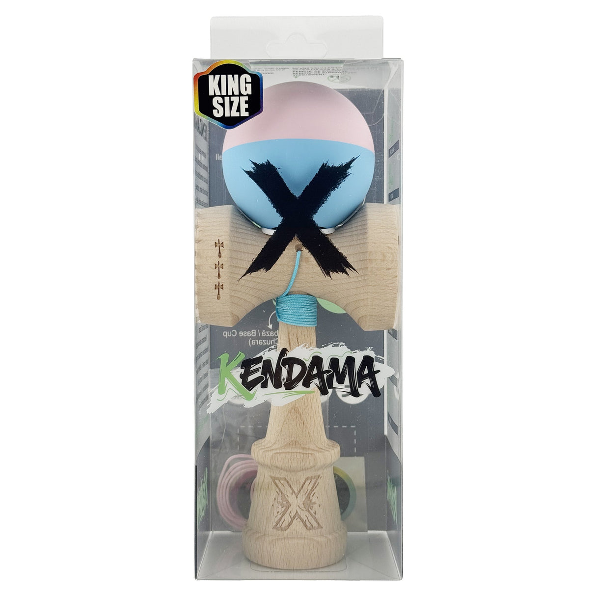 Kendama X Originala, Profesionala, Vivimall, Rubber Grip, Cupe Mari KING SIZE V3, Gaura in Baza, Rulment Metalic, din lemn 18 cm, Ata 55 cm, Bicolor Roz/Bleu - vivimall.ro