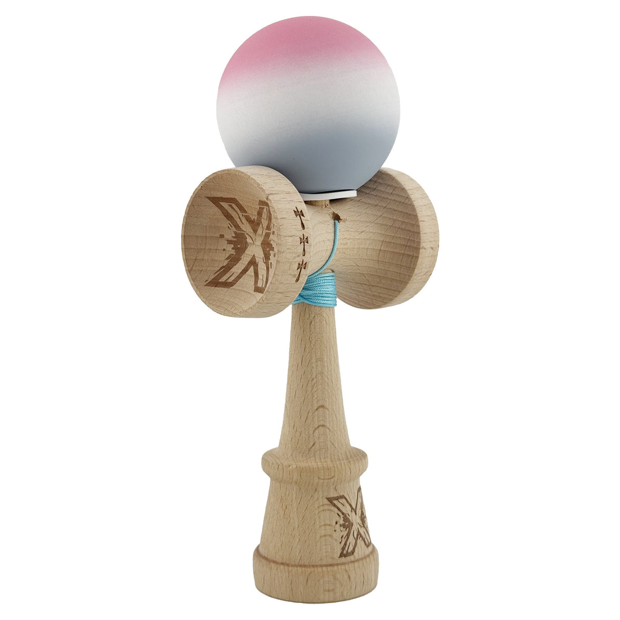 Kendama X Originala, Profesionala, Vivimall, Rubber Grip, Cupe Mari KING SIZE V3, Gaura in Baza, Rulment Metalic, din lemn 18 cm, Ata 55 cm, Gradient Roz/Alb/Gri - vivimall.ro