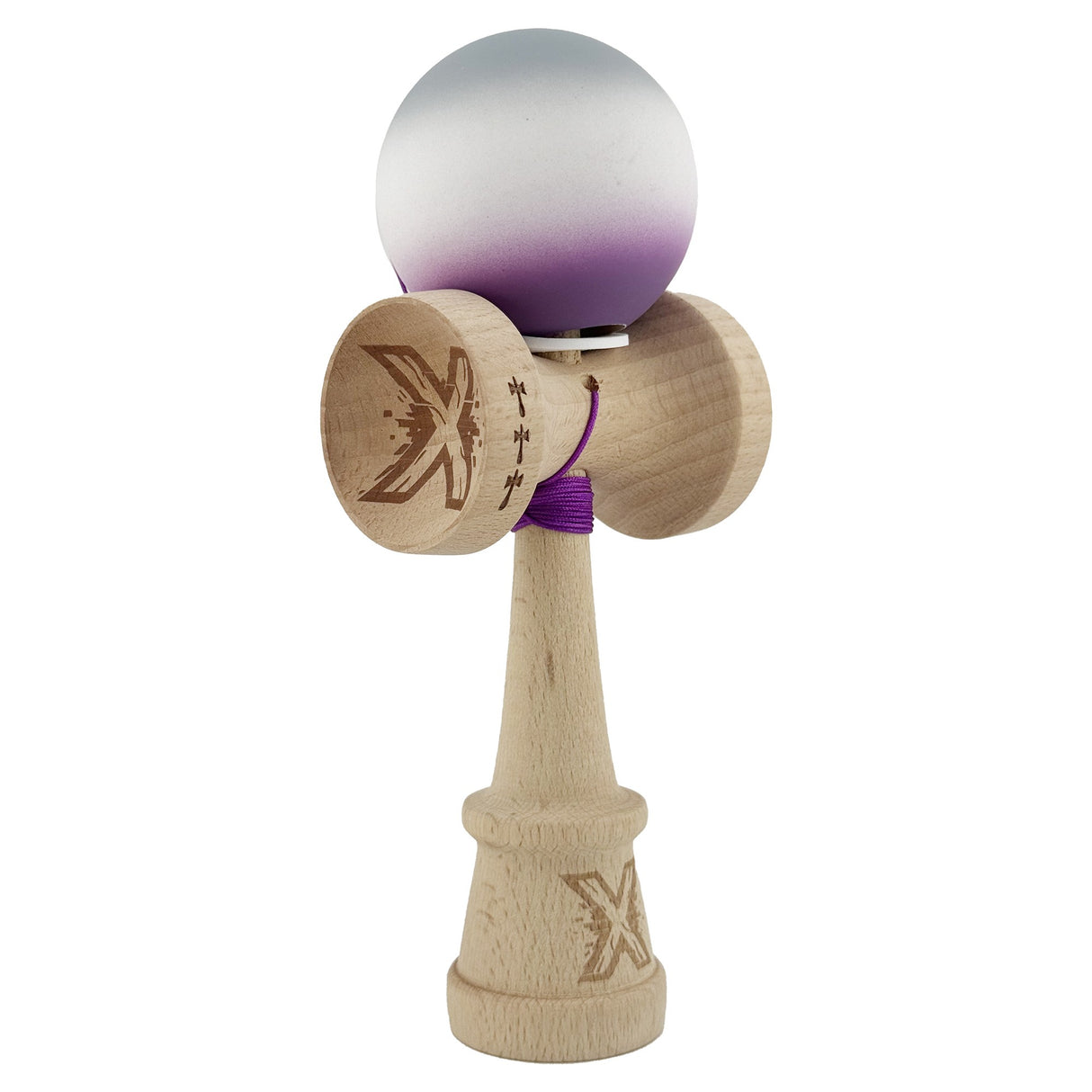 Kendama X Originala, Profesionala, Vivimall, Rubber Grip, Cupe Mari KING SIZE V3, Gaura in Baza, Rulment Metalic, din lemn 18 cm, Ata 62/65 cm, Gradient Gri/Alb/Mov - vivimall.ro