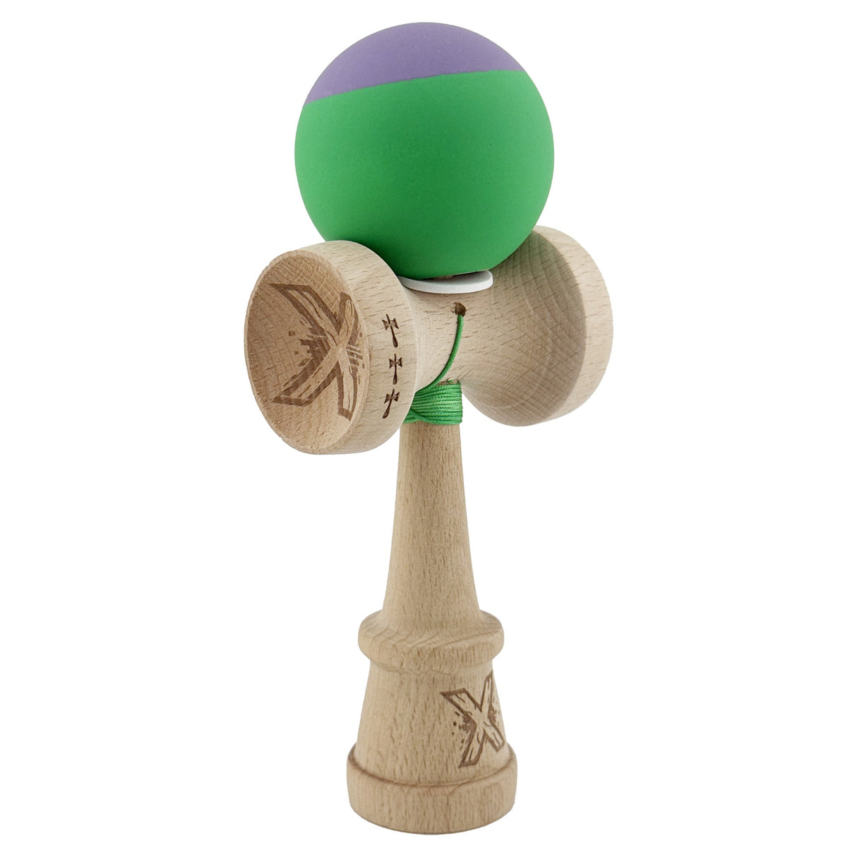 Kendama X Originala, Profesionala, Vivimall, Rubber Grip, Cupe Mari KING SIZE V3, Gaura in Baza, Rulment Metalic, din lemn 18 cm, Ata 55 cm, Bicolor Mov/Verde - vivimall.ro
