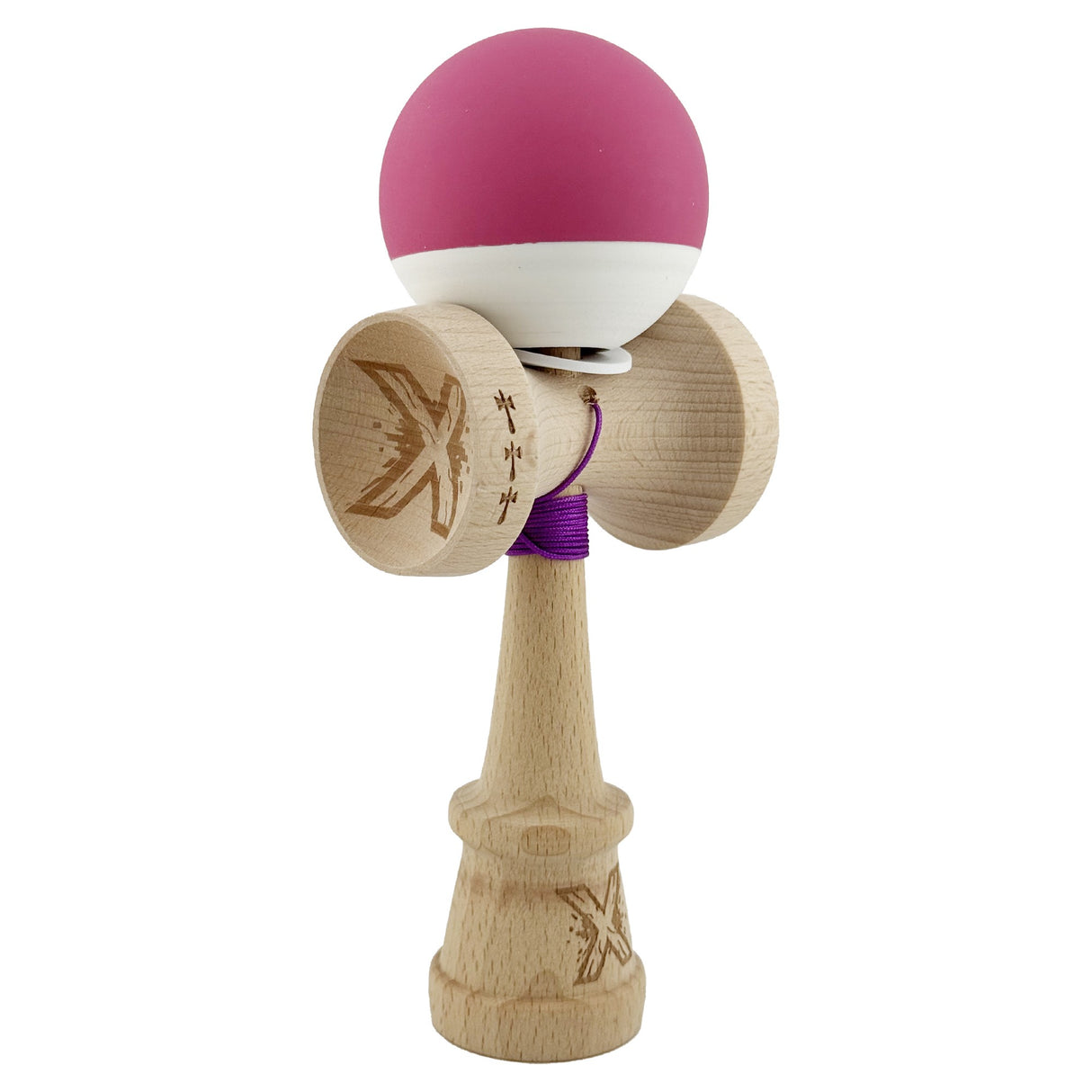 Kendama X Originala, Profesionala, Vivimall, Rubber Grip, Cupe Mari KING SIZE V3, Gaura in Baza, Rulment Metalic, din lemn 18 cm, Ata 55 cm, Bicolor Roz inchis/Alb - vivimall.ro