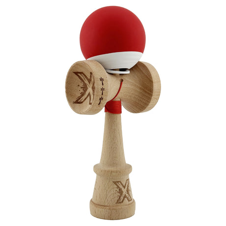Kendama X Originala, Profesionala, Vivimall, Rubber Grip, Cupe Mari KING SIZE V3, Gaura in Baza, Rulment Metalic, din lemn 18 cm, Ata 55 cm, Bicolor Rosu/Alb - vivimall.ro