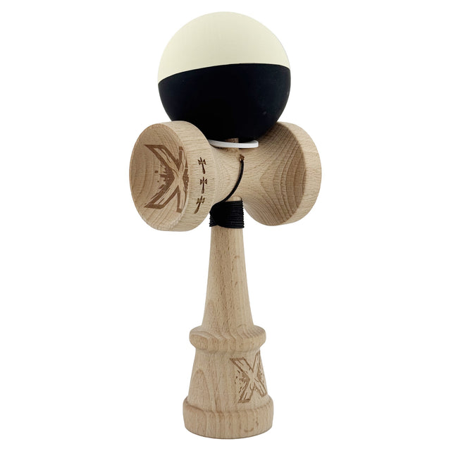 Kendama X Originala, Profesionala, Vivimall, Rubber Grip, Cupe Mari KING SIZE V3, Gaura in Baza, Rulment Metalic, din lemn 18 cm, Ata 55 cm, Bicolor Galben/Negru - vivimall.ro