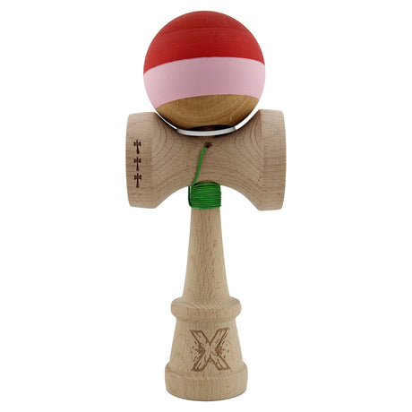 Kendama X Originala, Profesionala, Flippy, Rubber Grip, Cupe Mari KING SIZE V3, Gaura in Baza, Rulment Metalic, din lemn 18 cm, Ata 62/65 cm, Special Rosu/Roz/Maro