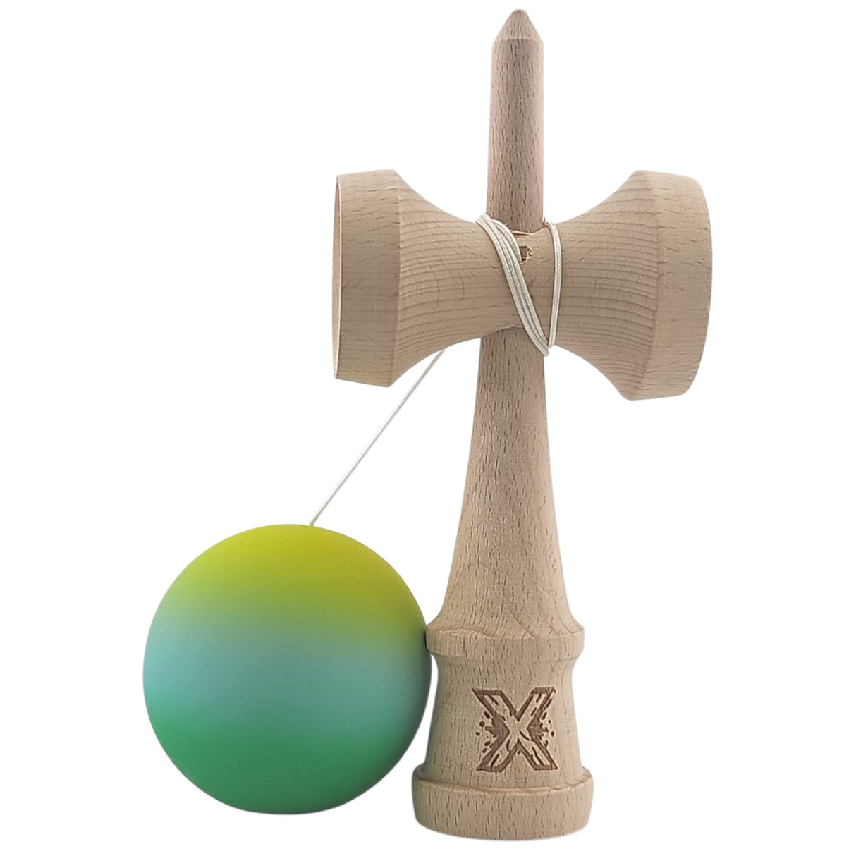 Kendama X Originala, Profesionala, Vivimall, Rubber Grip, din Lemn, 18 cm, Galben/Albastru/Verde - vivimall.ro