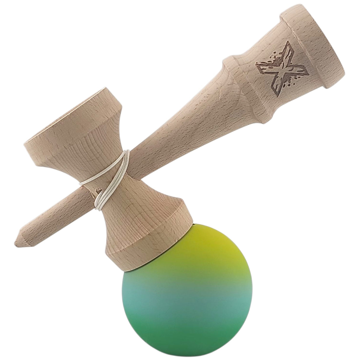 Kendama X Originala, Profesionala, Vivimall, Rubber Grip, din Lemn, 18 cm, Galben/Albastru/Verde - vivimall.ro