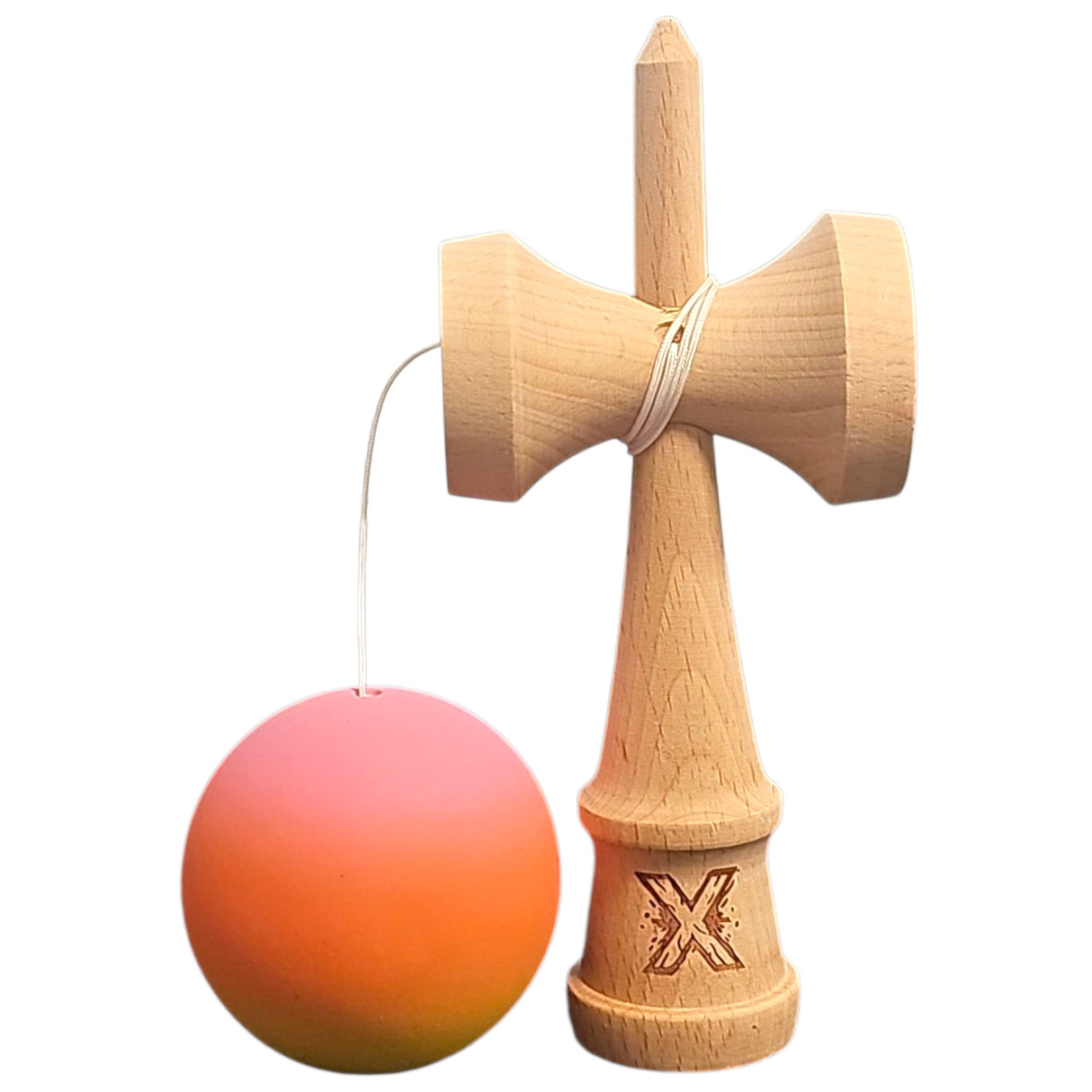 Kendama X Original, Професионална, Гумена дръжка, Дървена, 18 см, Розова/Оранжева/Жълта