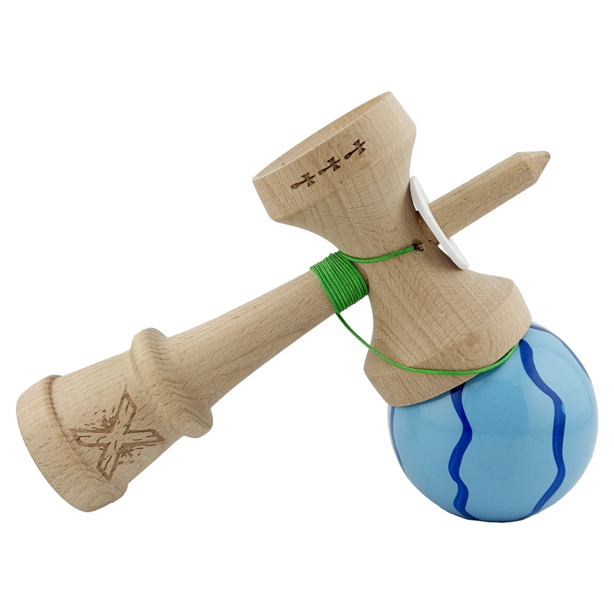 Kendama X Originala, Profesionala, Vivimall, Super Sticky cu Cupe Mari KING SIZE V3, Gaura in Baza, Rulment Metalic, din lemn 18 cm, Ata 62/65 cm, Special Albastru deschis - vivimall.ro