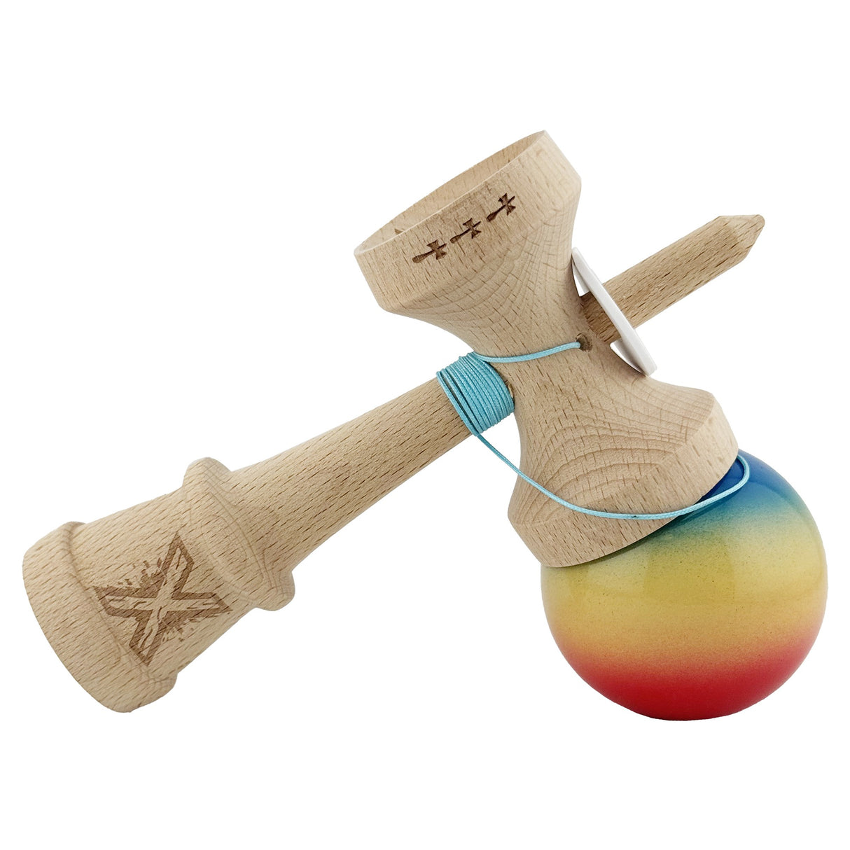 Kendama X Originala, Profesionala, Flippy, Super Sticky cu Cupe Mari KING SIZE V3, Gaura in Baza, Rulment Metalic, din lemn 18 cm, Ata 62/65 cm, Gradient Albastru/Galben/Rosu - vivimall.ro