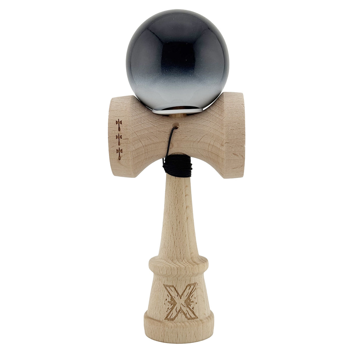 Kendama X Originala, Profesionala, Vivimall, Super Sticky cu Cupe Mari KING SIZE V3, Gaura in Baza, Rulment Metalic, din lemn 18 cm, Ata 62/65 cm, Gradient Negru/Alb - vivimall.ro