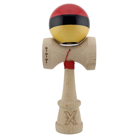 Kendama X Originala, Profesionala, Flippy, Super Sticky cu Cupe Mari KING SIZE V3, Gaura in Baza, Rulment Metalic, din lemn 18 cm, Ata 62/65 cm, Rosu/Negru/Galben- - vivimall.ro