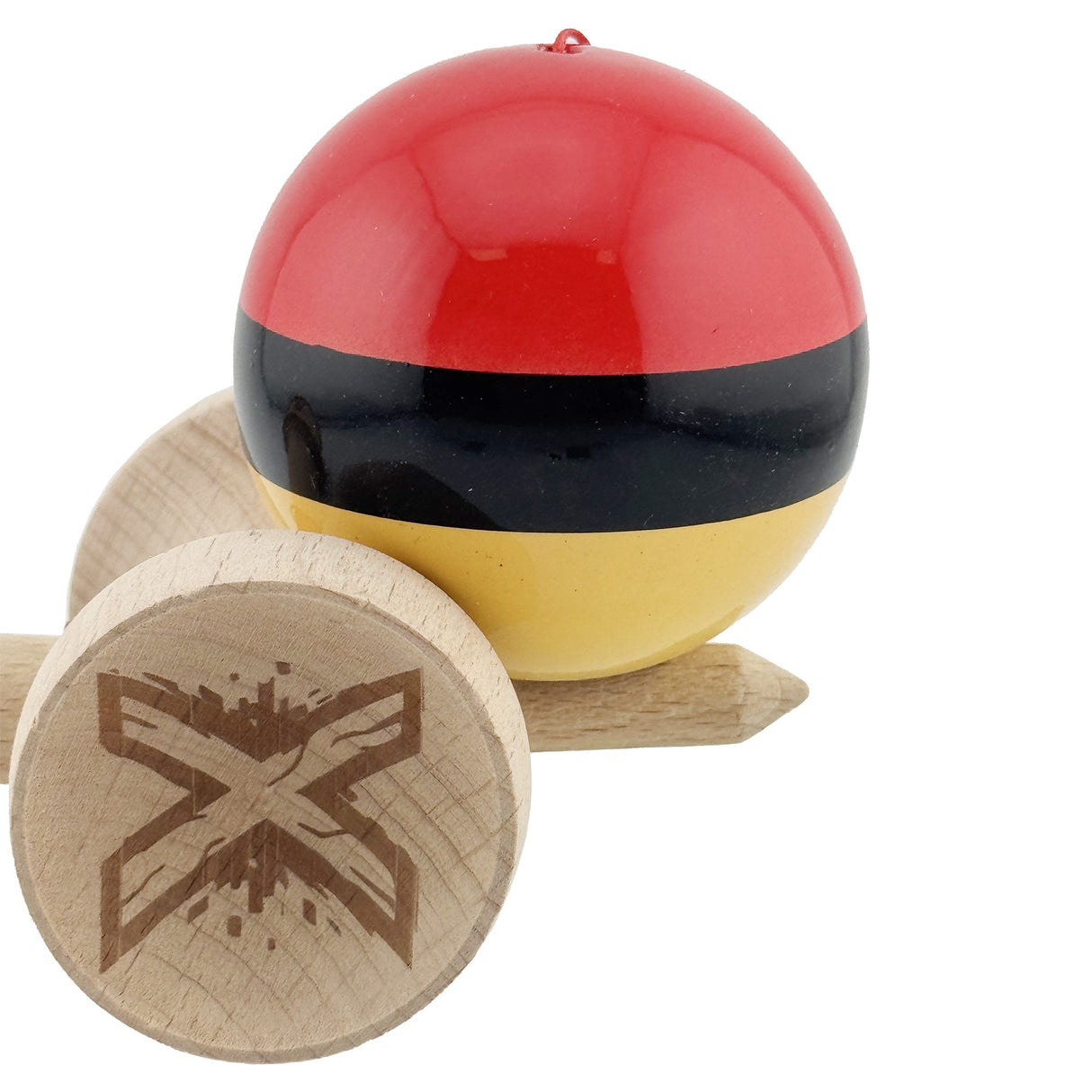 Kendama X Originala, Profesionala, Vivimall, Super Sticky cu Cupe Mari KING SIZE V3, Gaura in Baza, Rulment Metalic, din lemn 18 cm, Ata 62/65 cm, Rosu/Negru/Galben- - vivimall.ro