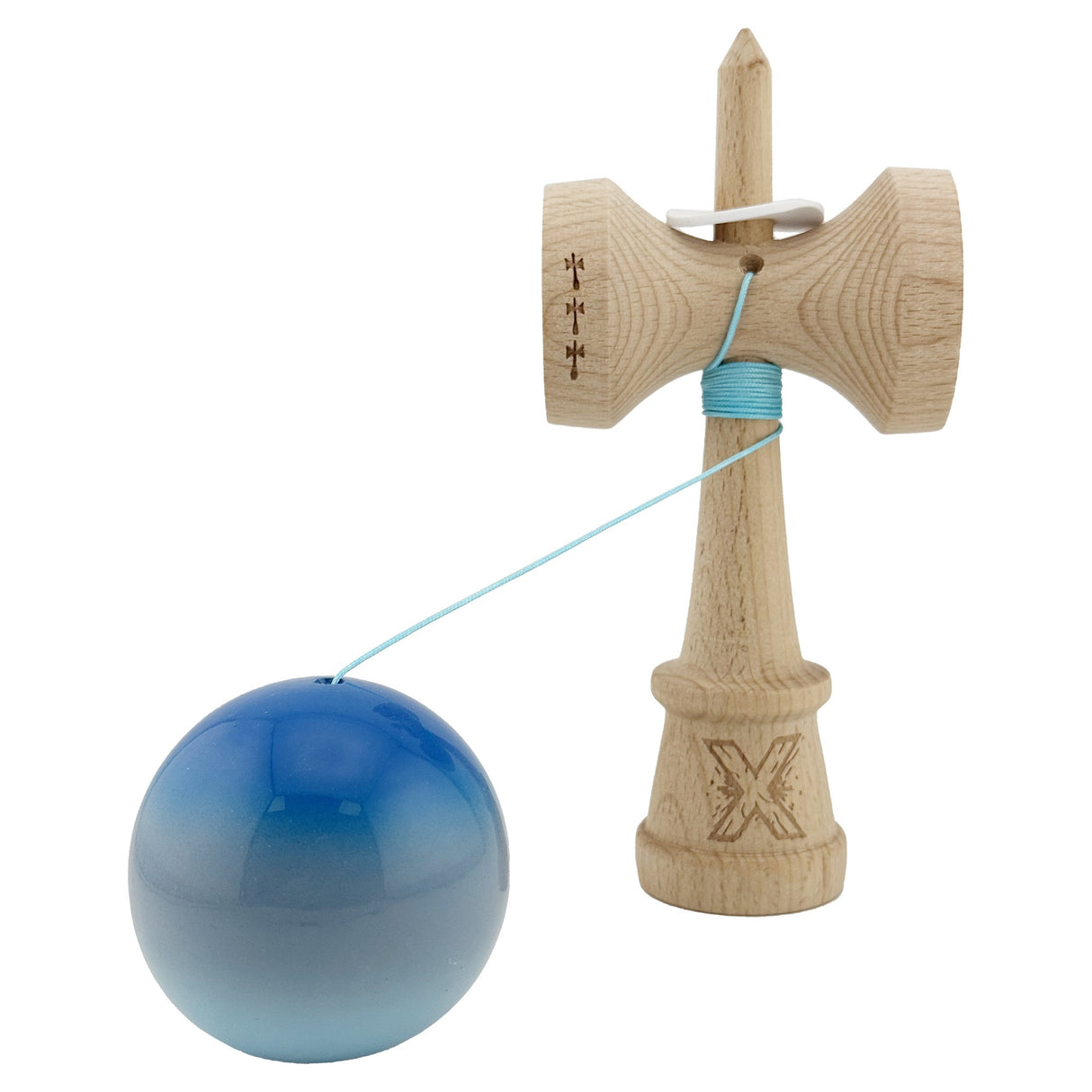 Kendama X Originala, Profesionala, Flippy, Super Sticky cu Cupe Mari KING SIZE V3, Gaura in Baza, Rulment Metalic, din lemn 18 cm, Ata 62/65 cm, Gradient Albastru/Gri/Bleu - vivimall.ro