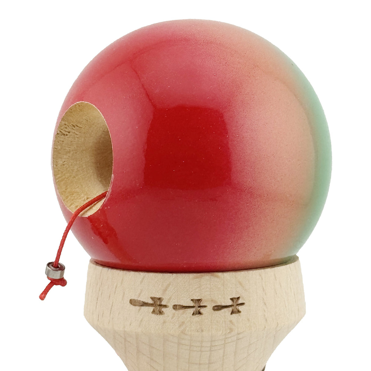 Kendama X Originala, Profesionala, Flippy, Super Sticky cu Cupe Mari KING SIZE V3, Gaura in Baza, Rulment Metalic, din lemn 18 cm, Ata 62/65 cm, Gradient Verde/Portocaliu/Rosu - vivimall.ro