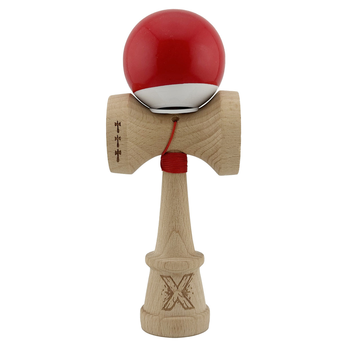 Kendama X Originala, Profesionala, Vivimall, Super Sticky cu Cupe Mari KING SIZE V3, Gaura in Baza, Rulment Metalic, din lemn 18 cm, Ata 62/65 cm, Bicolor Rosu/Alb - vivimall.ro