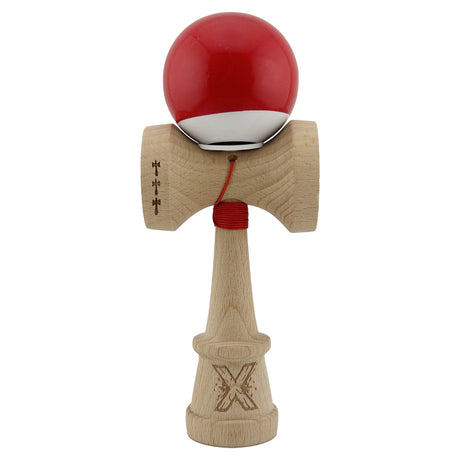 Kendama X Originala, Profesionala, Flippy, Super Sticky cu Cupe Mari KING SIZE V3, Gaura in Baza, Rulment Metalic, din lemn 18 cm, Ata 62/65 cm, Bicolor Rosu/Alb - vivimall.ro