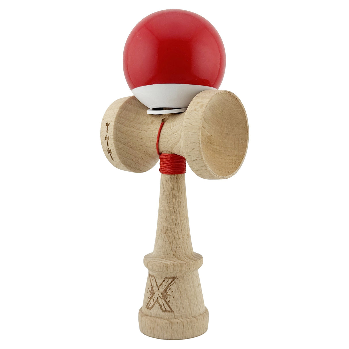Kendama X Originala, Profesionala, Vivimall, Super Sticky cu Cupe Mari KING SIZE V3, Gaura in Baza, Rulment Metalic, din lemn 18 cm, Ata 62/65 cm, Bicolor Rosu/Alb - vivimall.ro