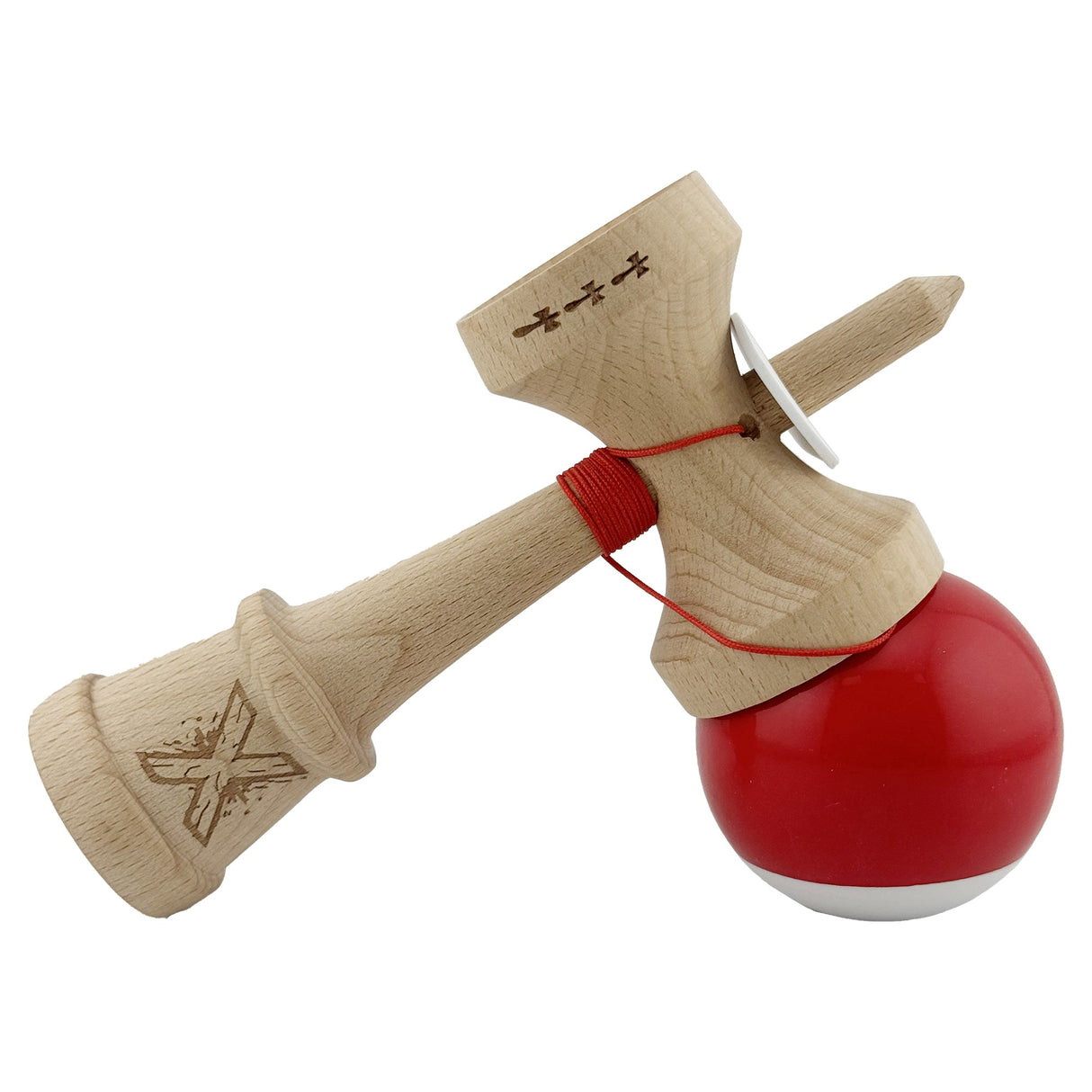 Kendama X Originala, Profesionala, Vivimall, Super Sticky cu Cupe Mari KING SIZE V3, Gaura in Baza, Rulment Metalic, din lemn 18 cm, Ata 62/65 cm, Bicolor Rosu/Alb - vivimall.ro