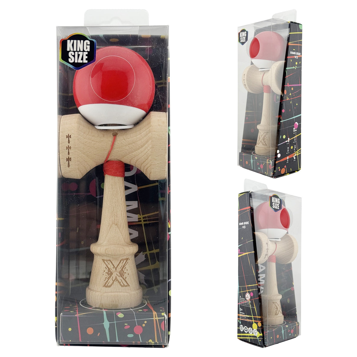 Kendama X Originala, Profesionala, Vivimall, Super Sticky cu Cupe Mari KING SIZE V3, Gaura in Baza, Rulment Metalic, din lemn 18 cm, Ata 62/65 cm, Bicolor Rosu/Alb - vivimall.ro