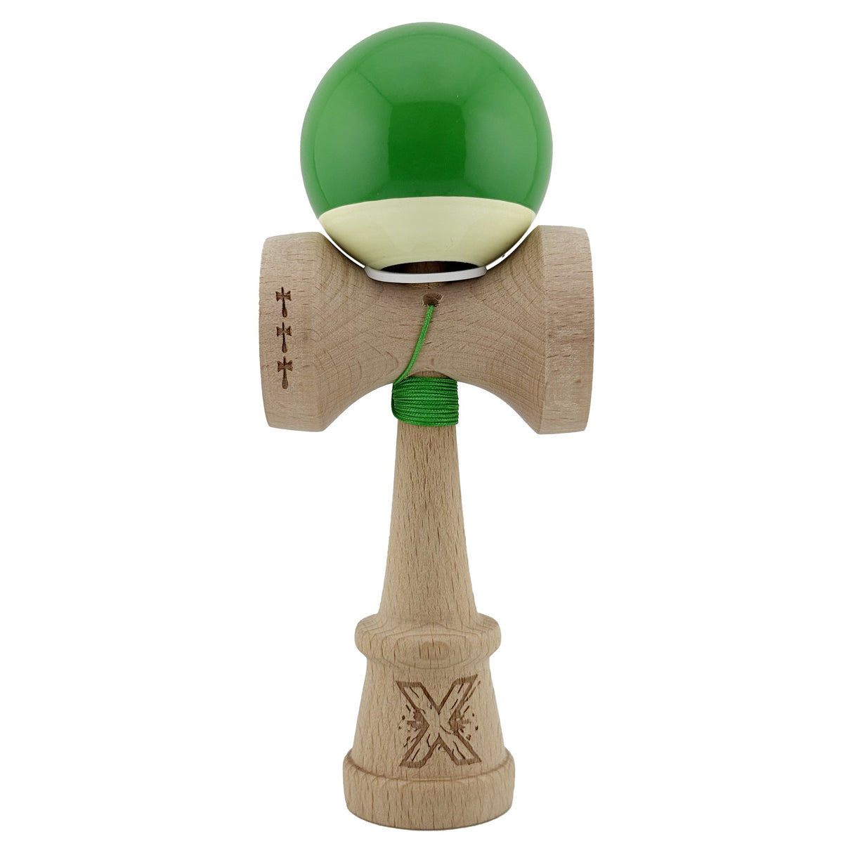 Kendama X Originala, Profesionala, Vivimall, Super Sticky cu Cupe Mari KING SIZE V3, Gaura in Baza, Rulment Metalic, din lemn 18 cm, Ata 62/65 cm, Bicolor Verde/Alb - vivimall.ro